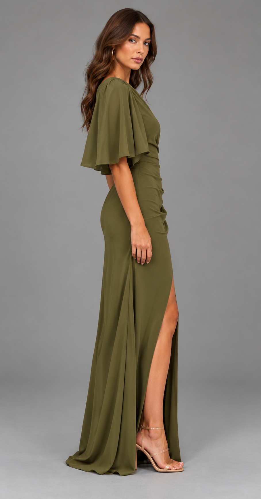 One-Shoulder Flutter Sleeve Maxi Dress With Split