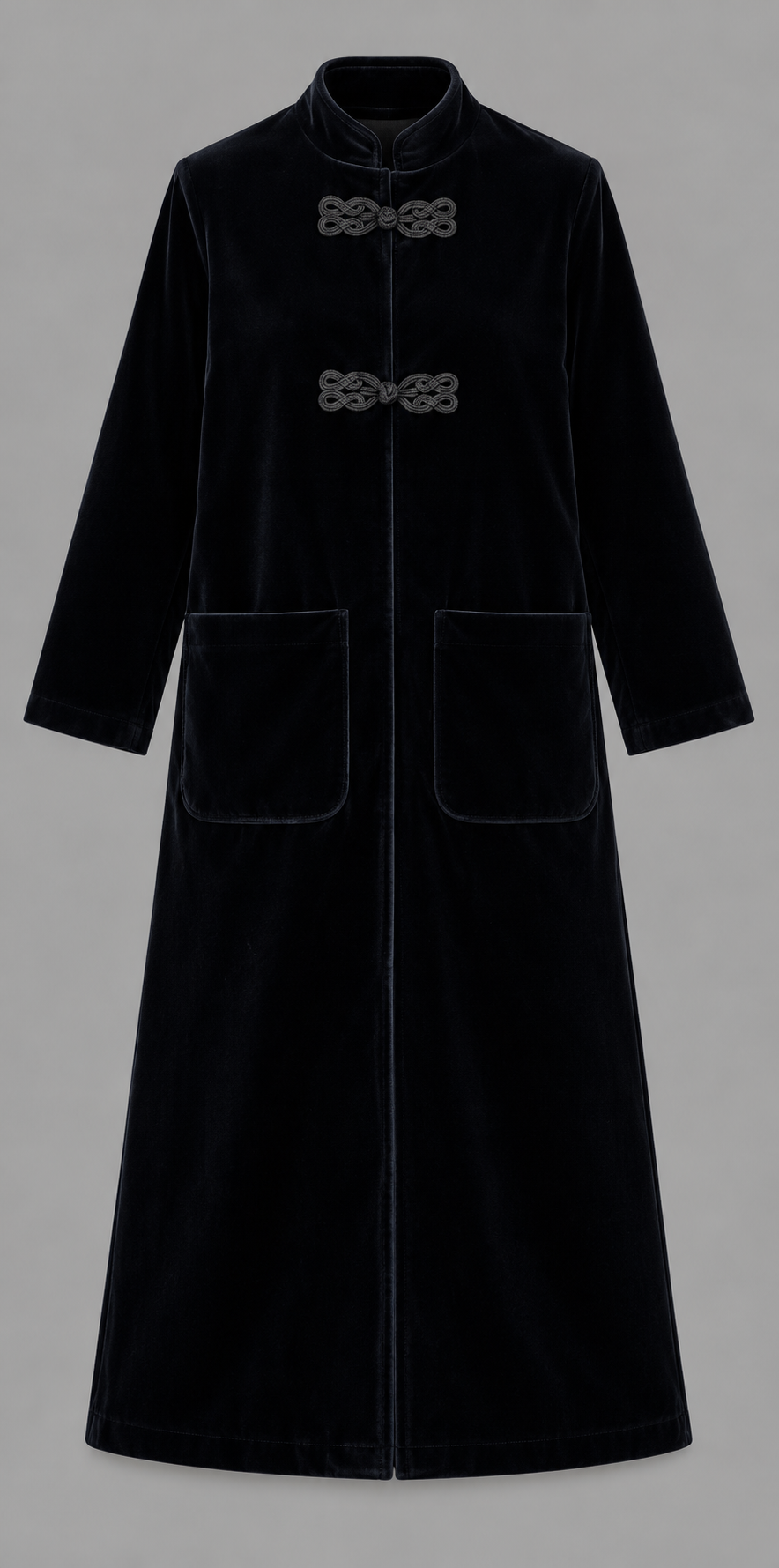 Longline Velvet Coat With Frog Fastening