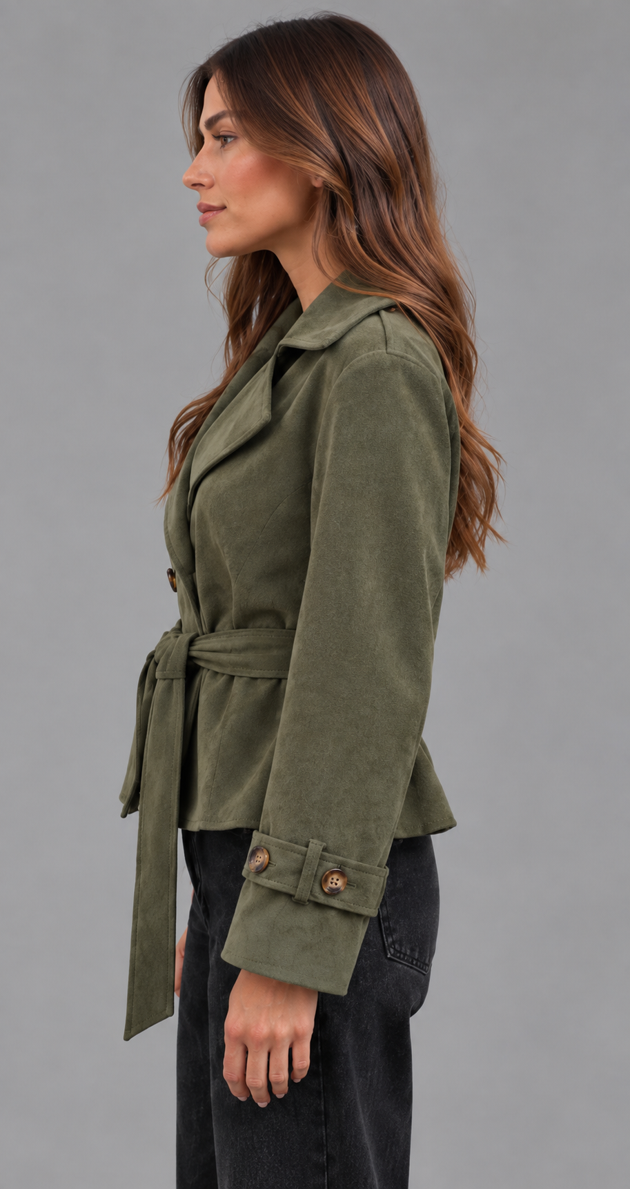 Cropped Faux Suede Trench Jacket With Belt