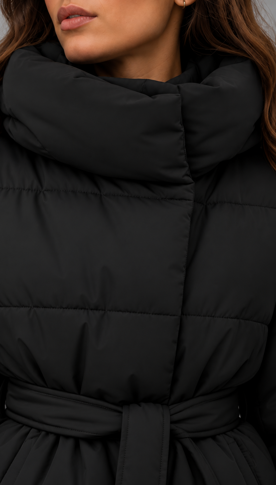 Belted Puffer Jacket With Oversized Funnel Neck