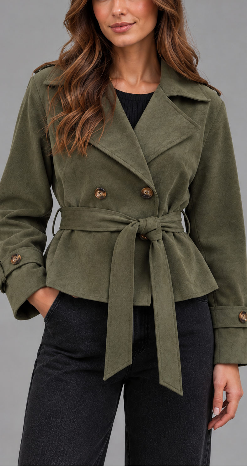 Cropped Faux Suede Trench Jacket With Belt