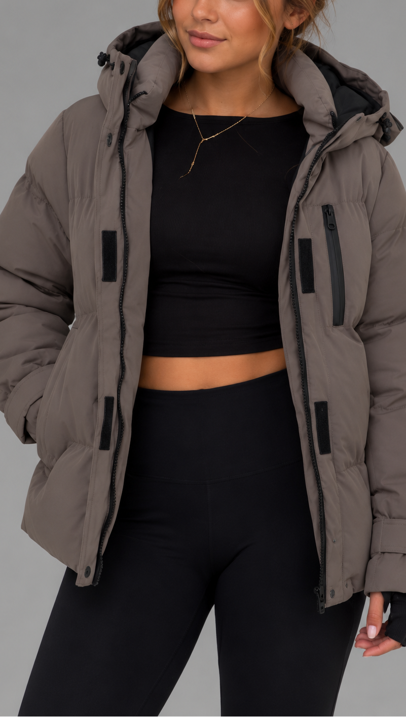 Taupe Utility Puffer Jacket With Detachable Hood