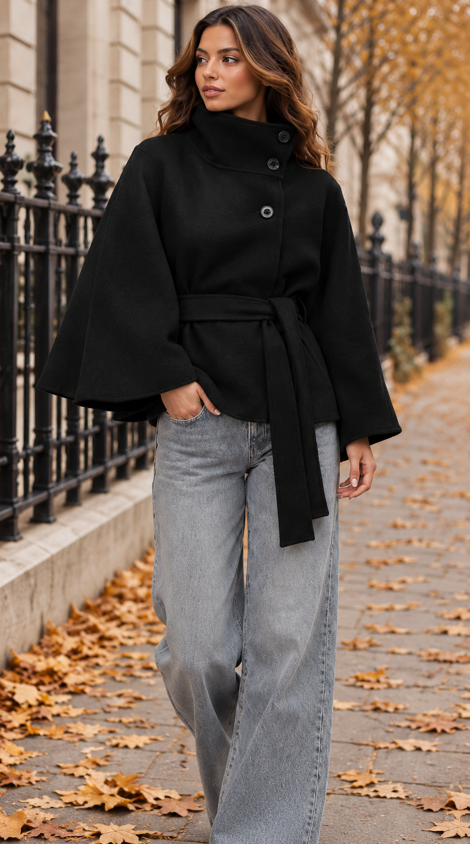Belted Wool-Look Cape Coat With Funnel Neck