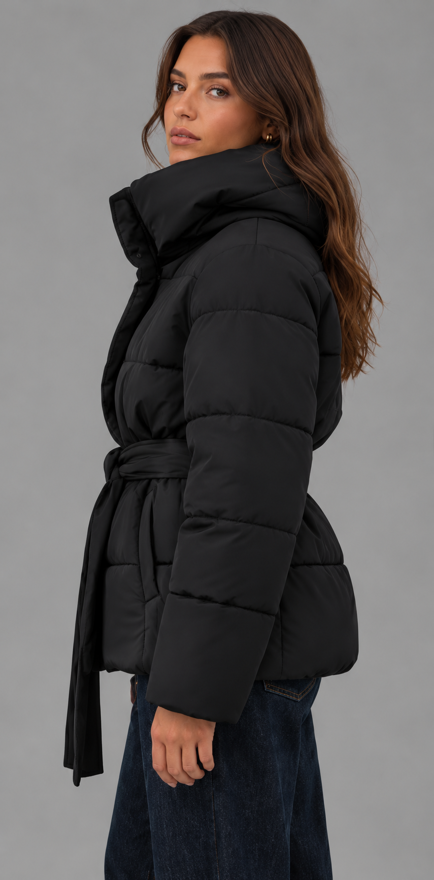 Belted Puffer Jacket With Oversized Funnel Neck