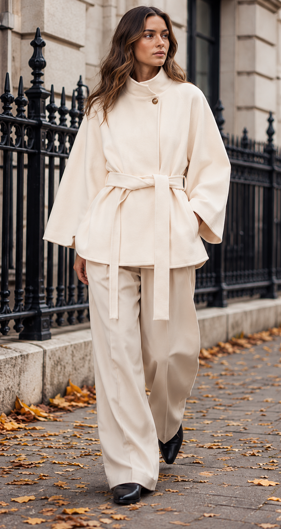 Belted Wool-Look Cape Coat With Funnel Neck