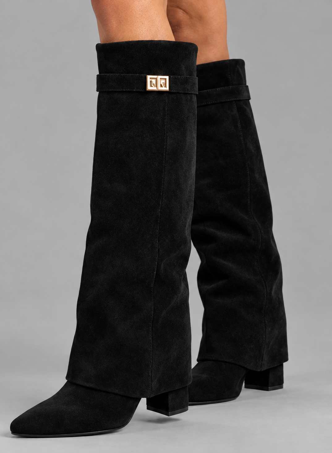 Faux Suede Fold-Over Knee-High Boots With Buckle