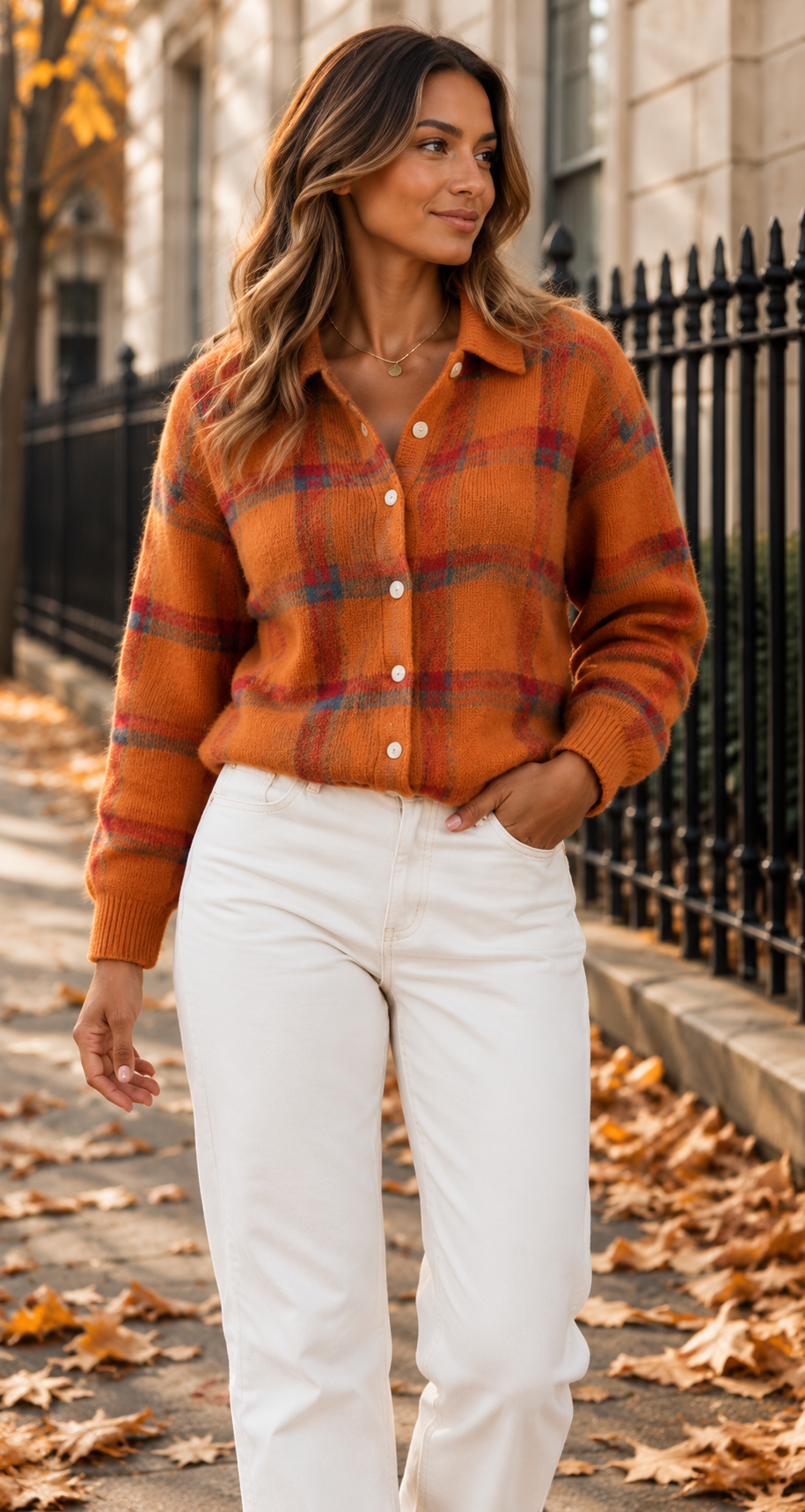 Relaxed Checked Knit Cardigan With Shirt Collar