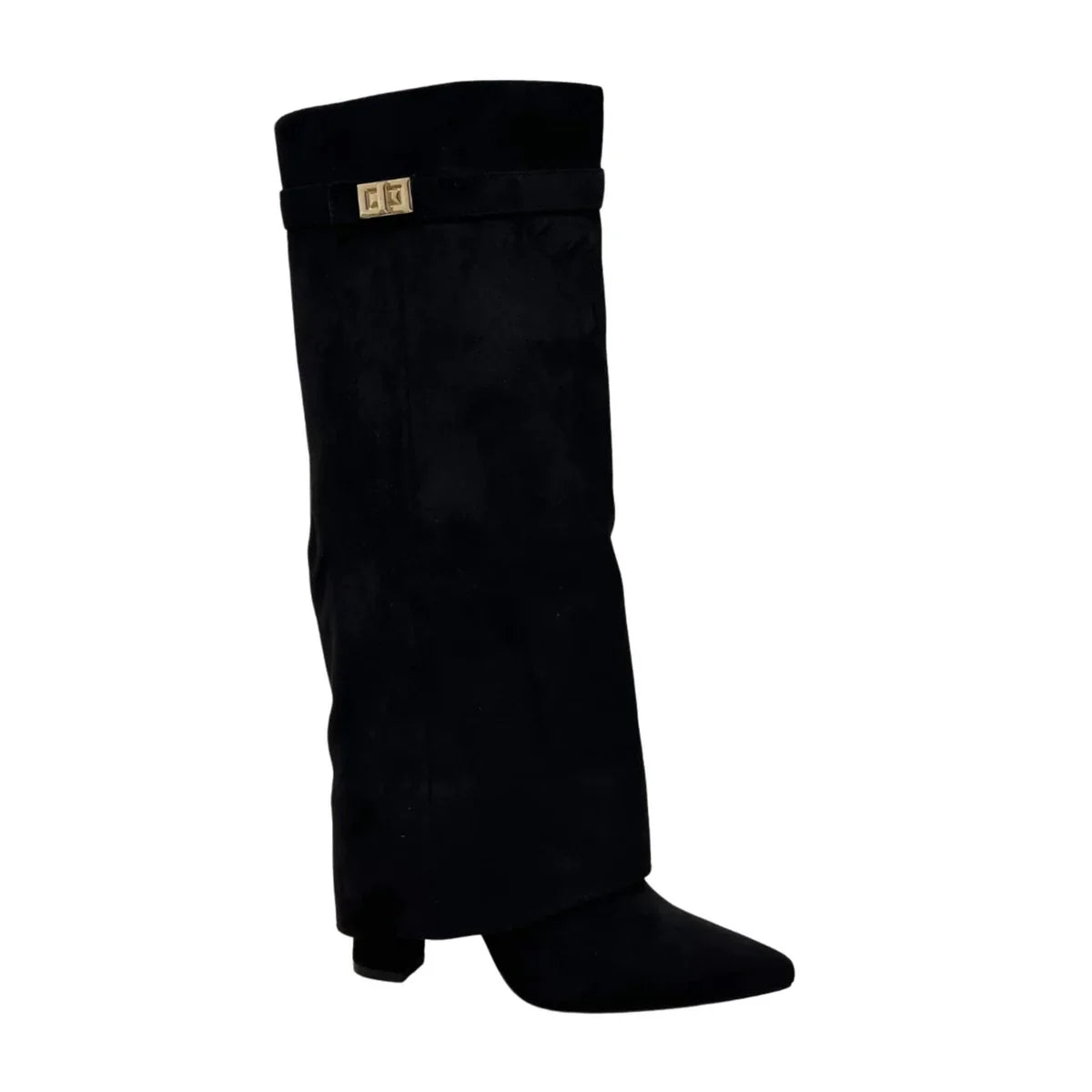 Faux Suede Fold-Over Knee-High Boots With Buckle
