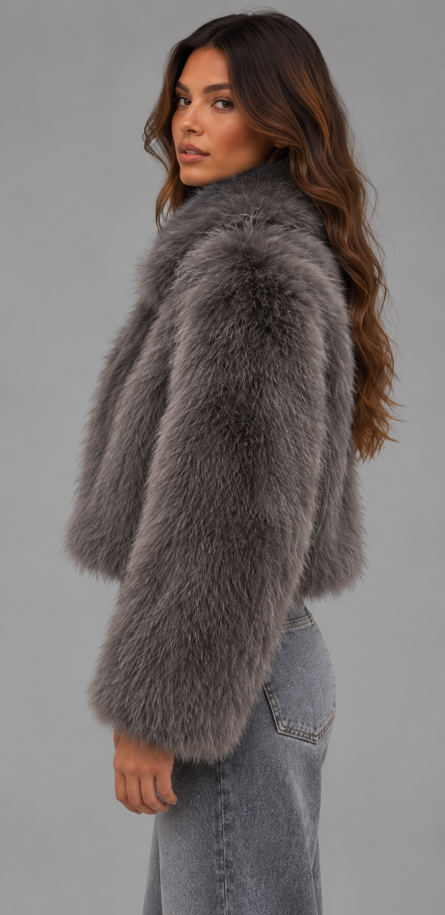 Cropped Faux Fur Jacket With Spread Collar