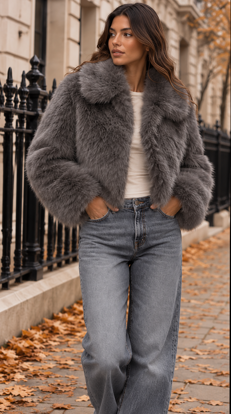 Cropped Faux Fur Jacket With Spread Collar