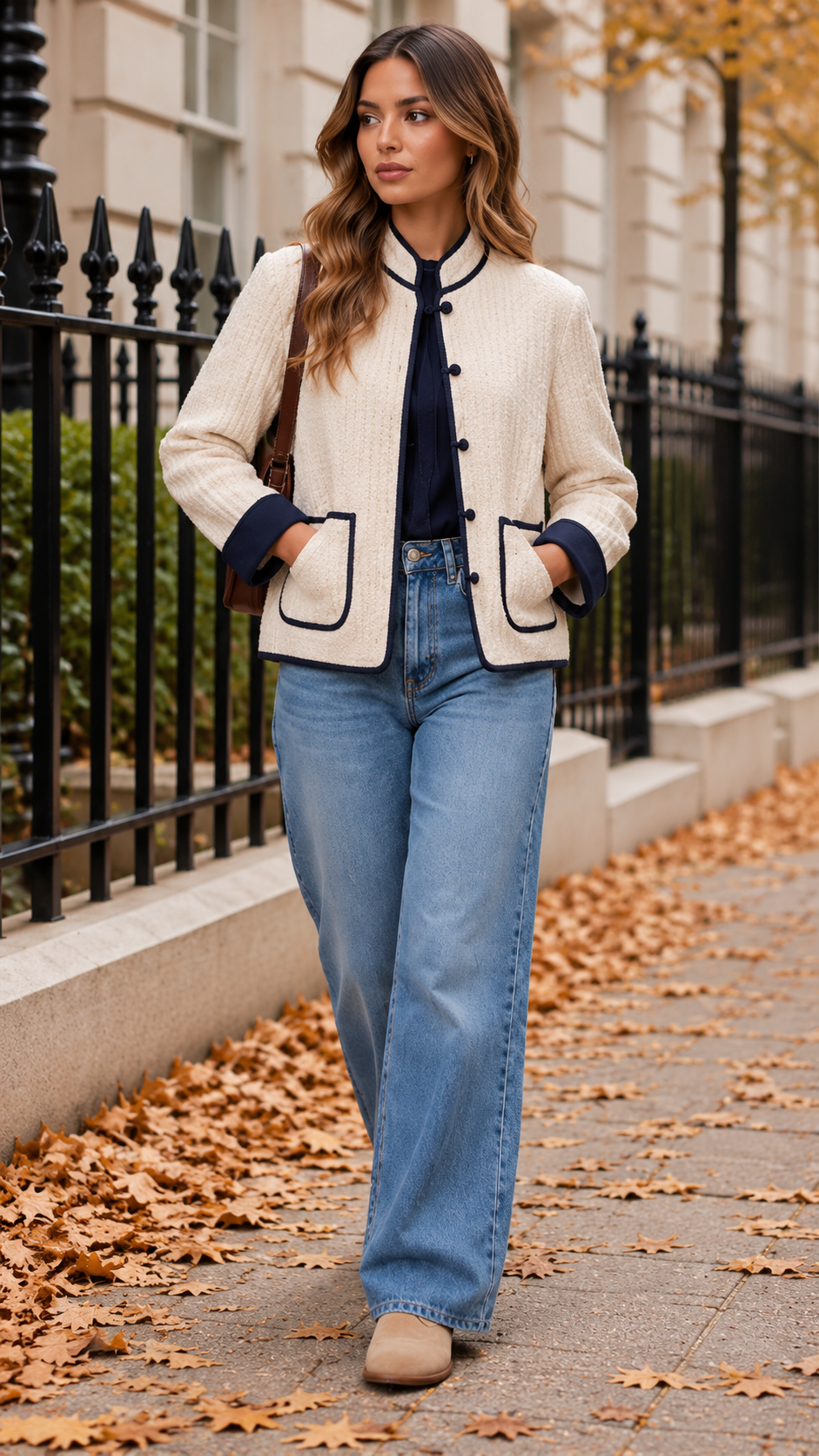 Cropped Collarless Corduroy Jacket With Contrast Trim