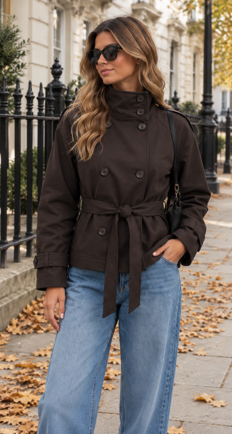 Short Funnel Neck Trench Jacket With Belt