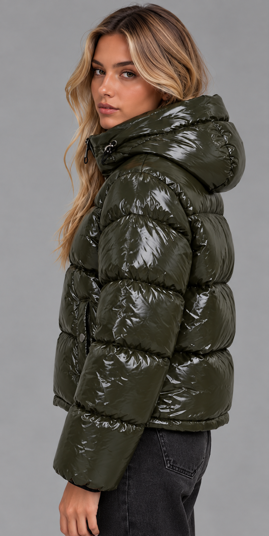 Glossy Quilted Puffer Jacket With Hood