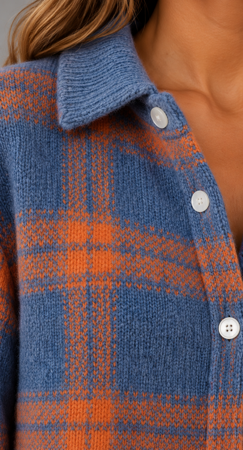 Relaxed Checked Knit Cardigan With Shirt Collar