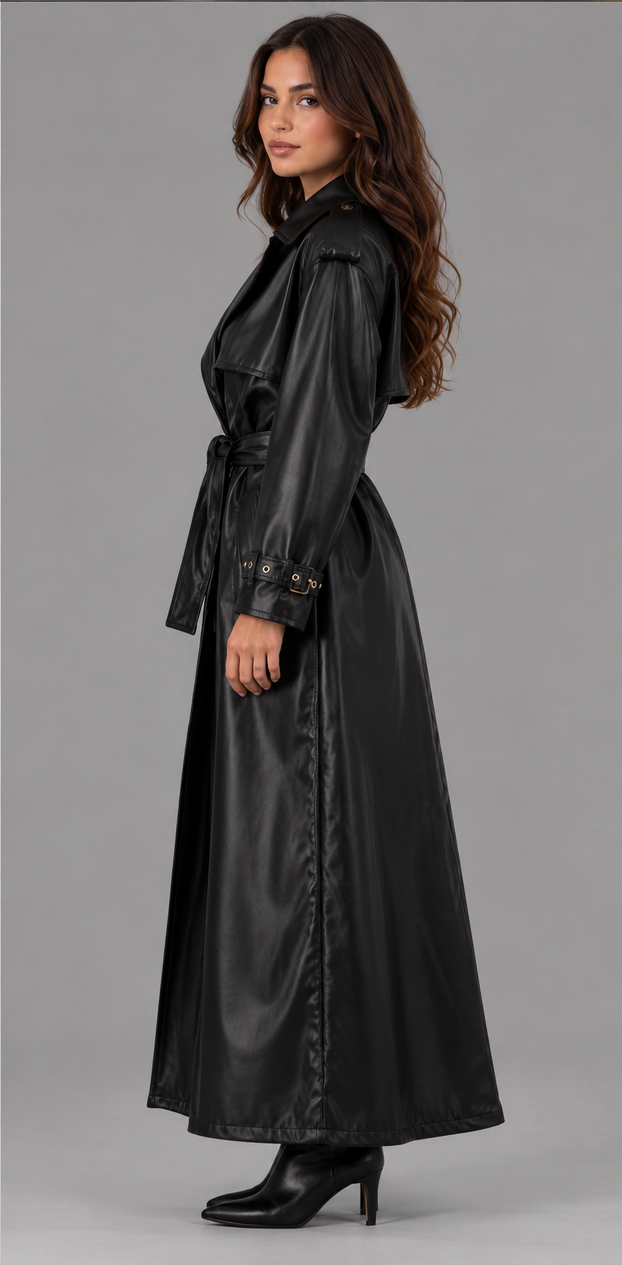 Longline Faux Leather Trench Coat With Belt