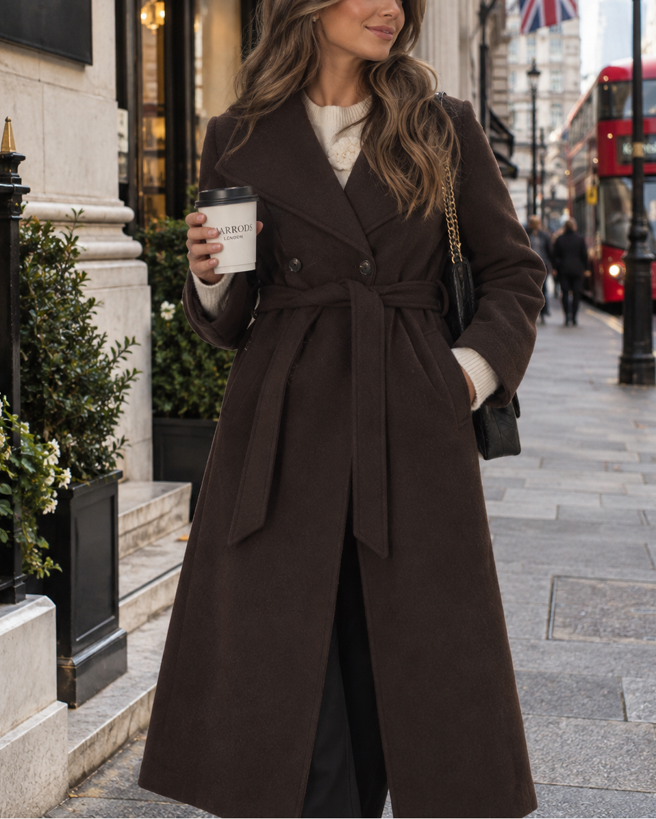 Longline Double-Breasted Wool-Look Coat With Belt