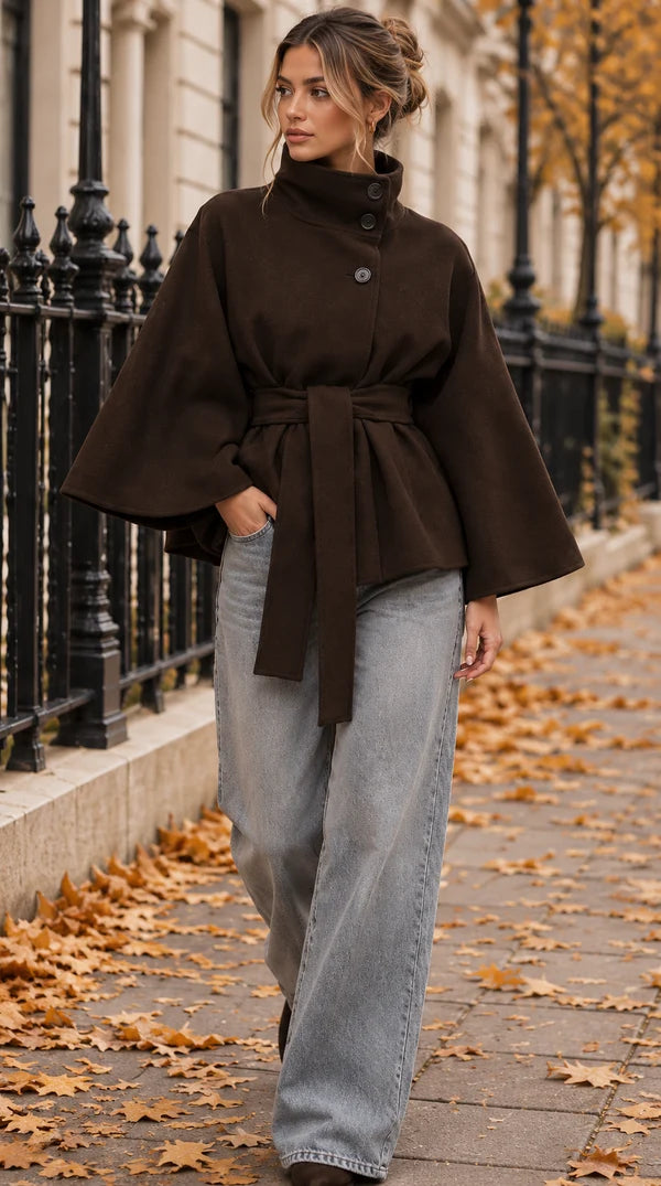 Belted Wool-Look Cape Coat With Funnel Neck