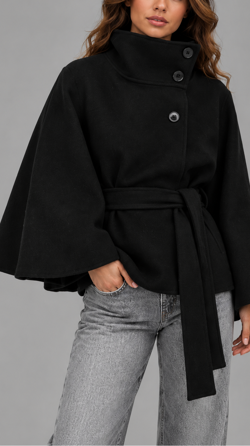 Belted Wool-Look Cape Coat With Funnel Neck