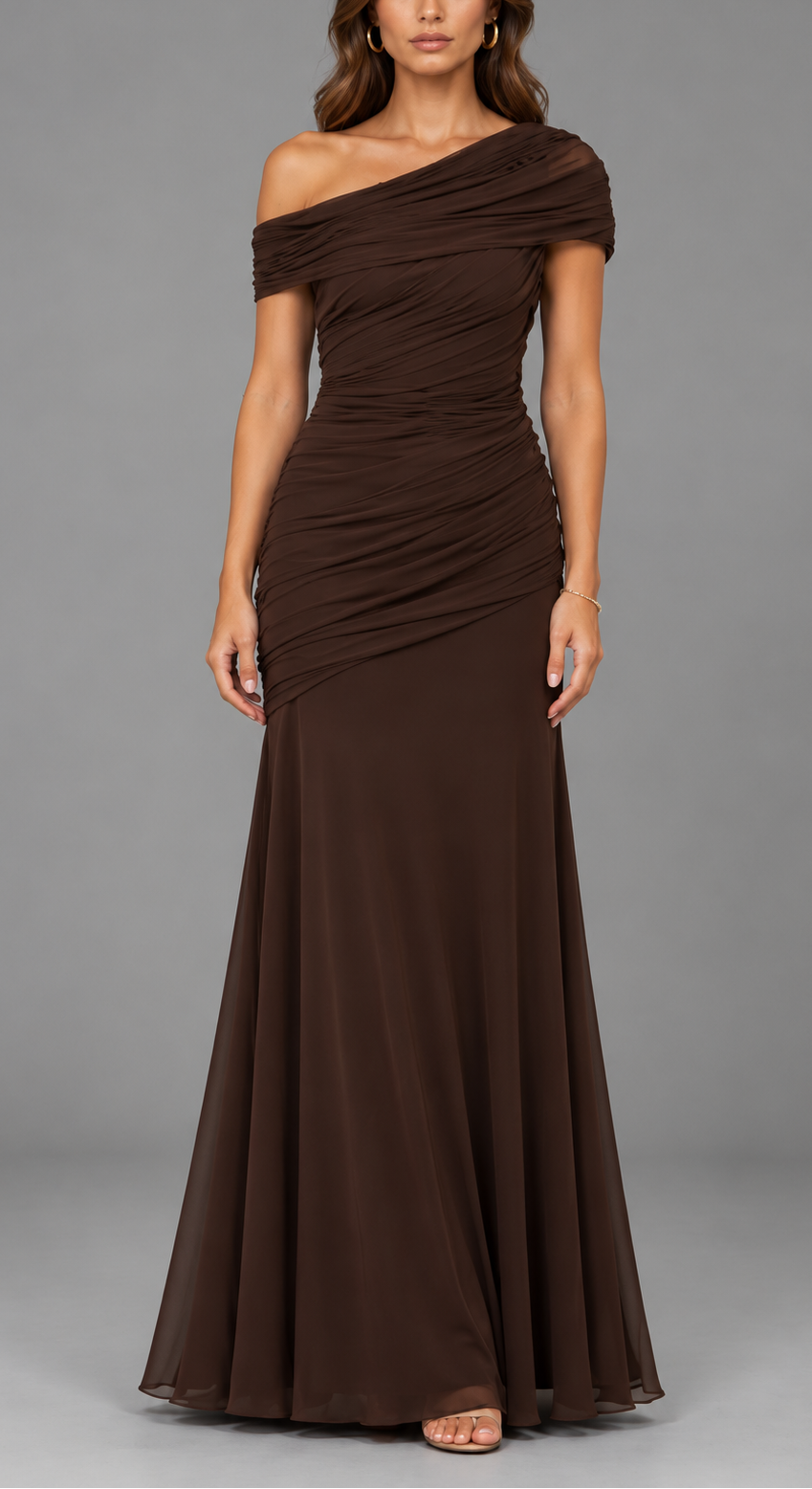 Off-Shoulder Ruched Maxi Dress With Fishtail Skirt