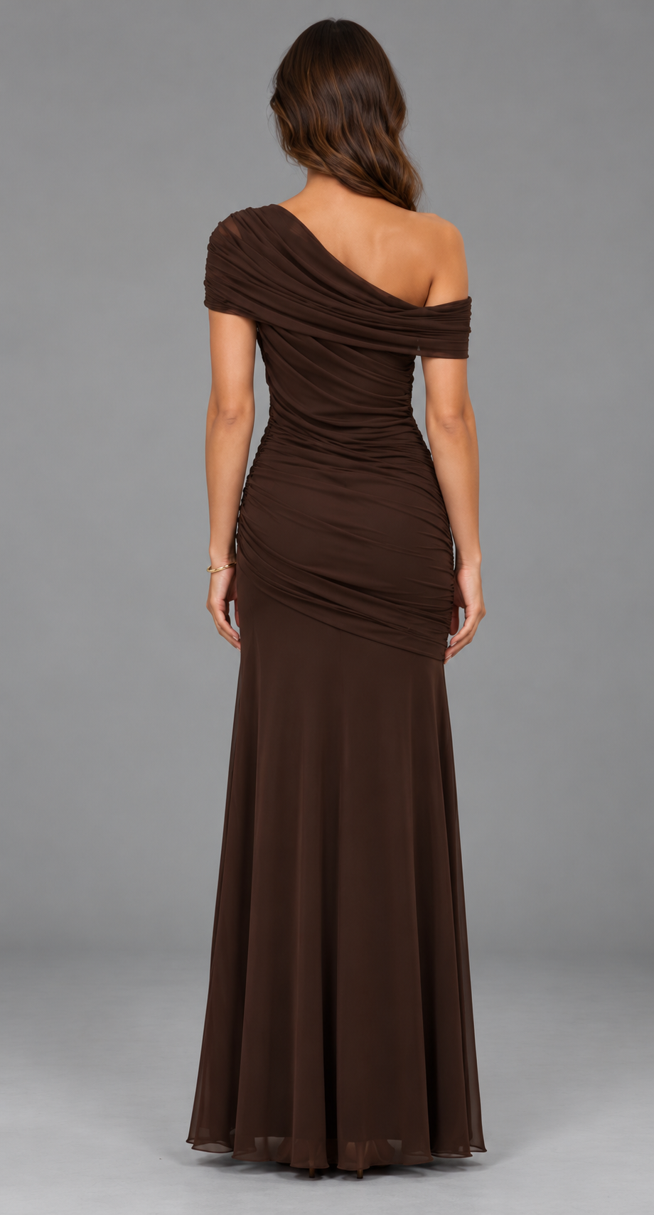 Off-Shoulder Ruched Maxi Dress With Fishtail Skirt