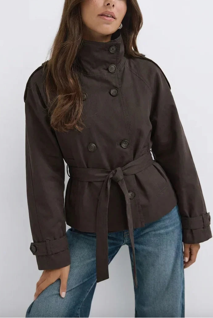 Short Funnel Neck Trench Jacket With Belt