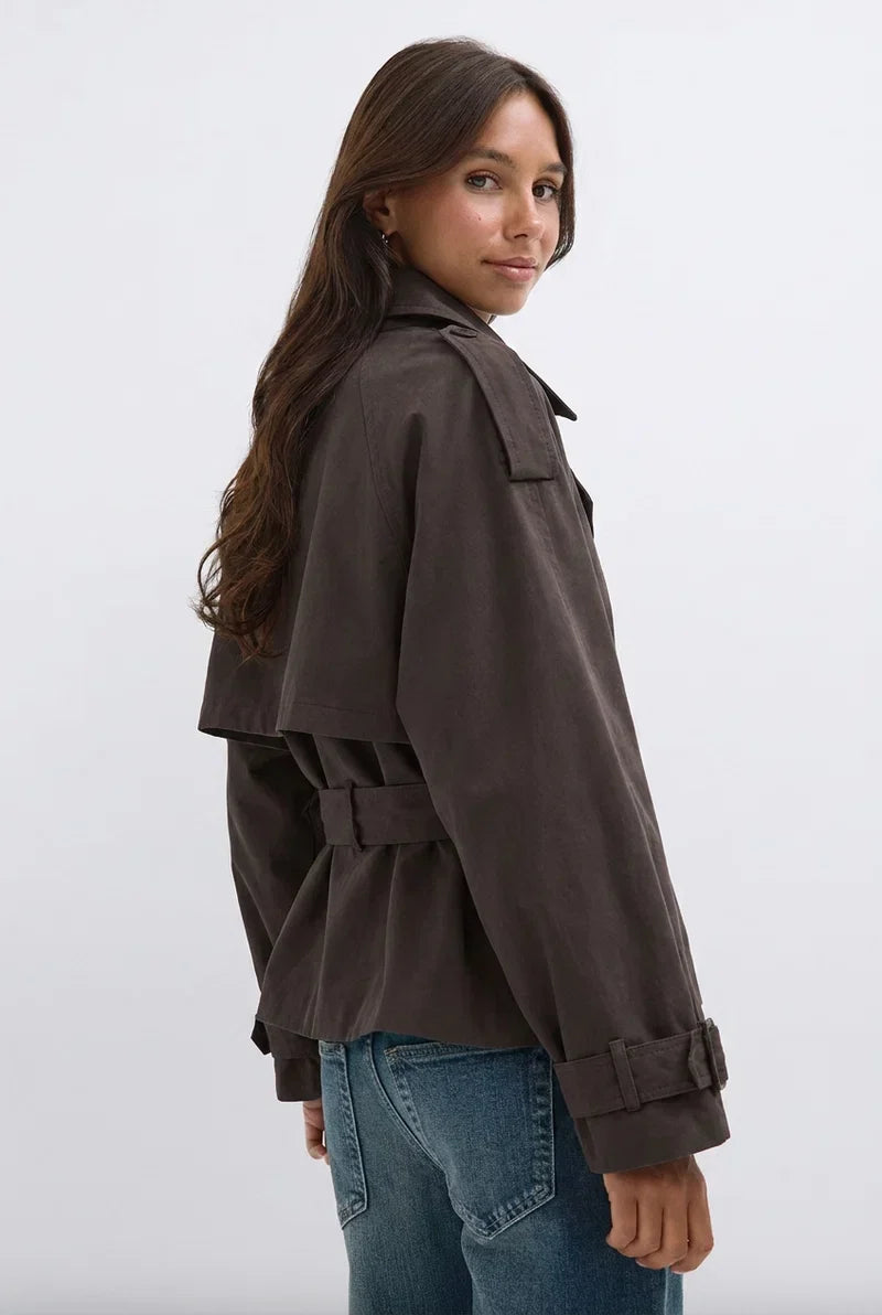 Short Funnel Neck Trench Jacket With Belt