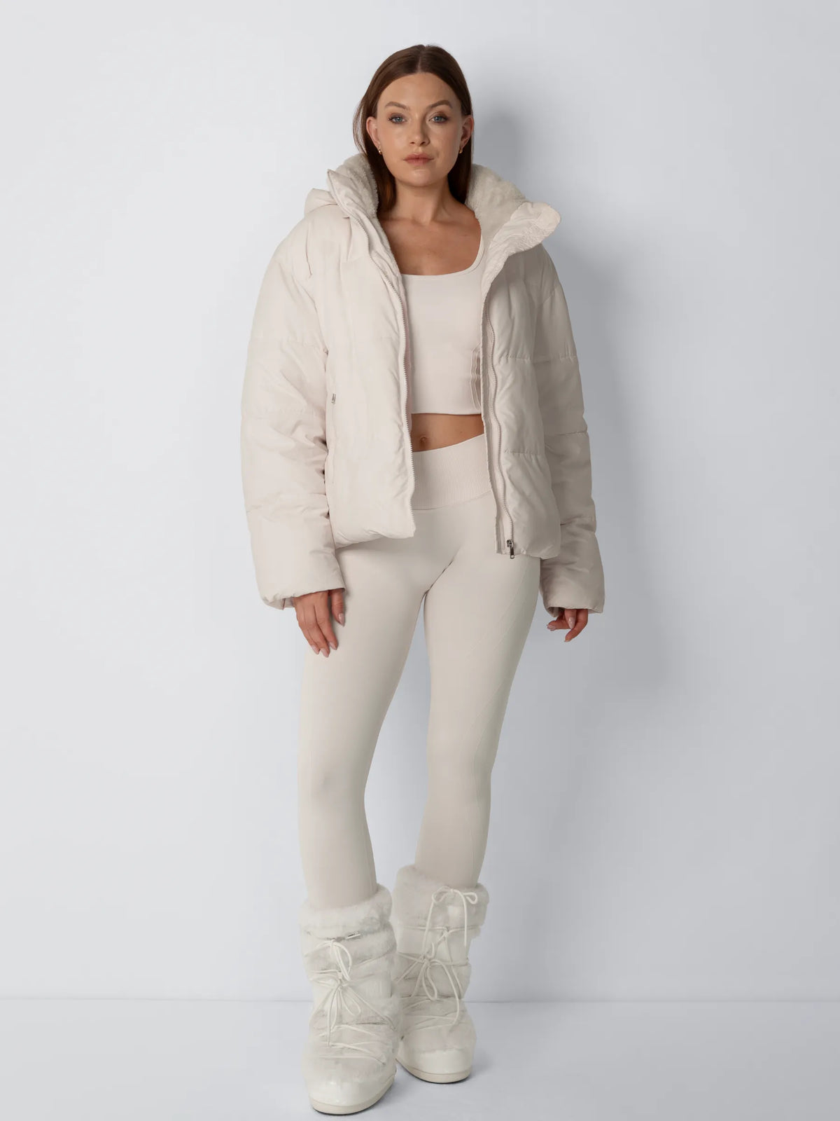 Cropped Fleece-Lined Puffer Jacket With High Collar