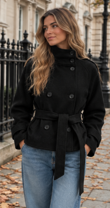 Cropped Wool-Look Funnel Neck Jacket With Belt