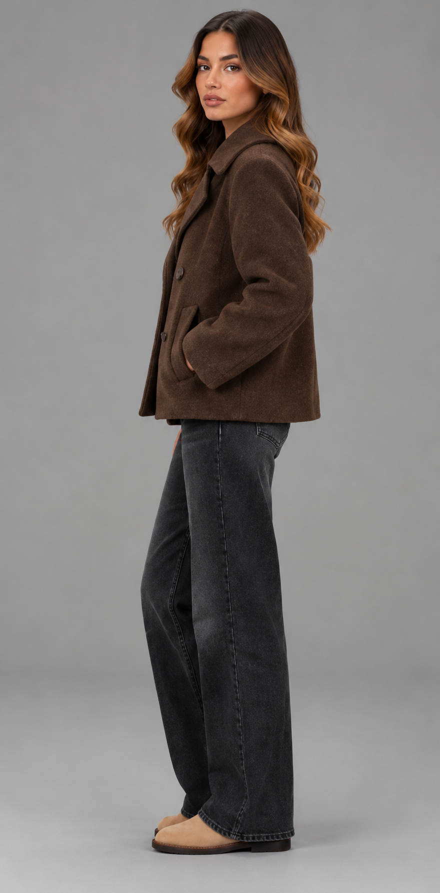Cropped Double-Breasted Wool-Look Peacoat With Wide Lapels