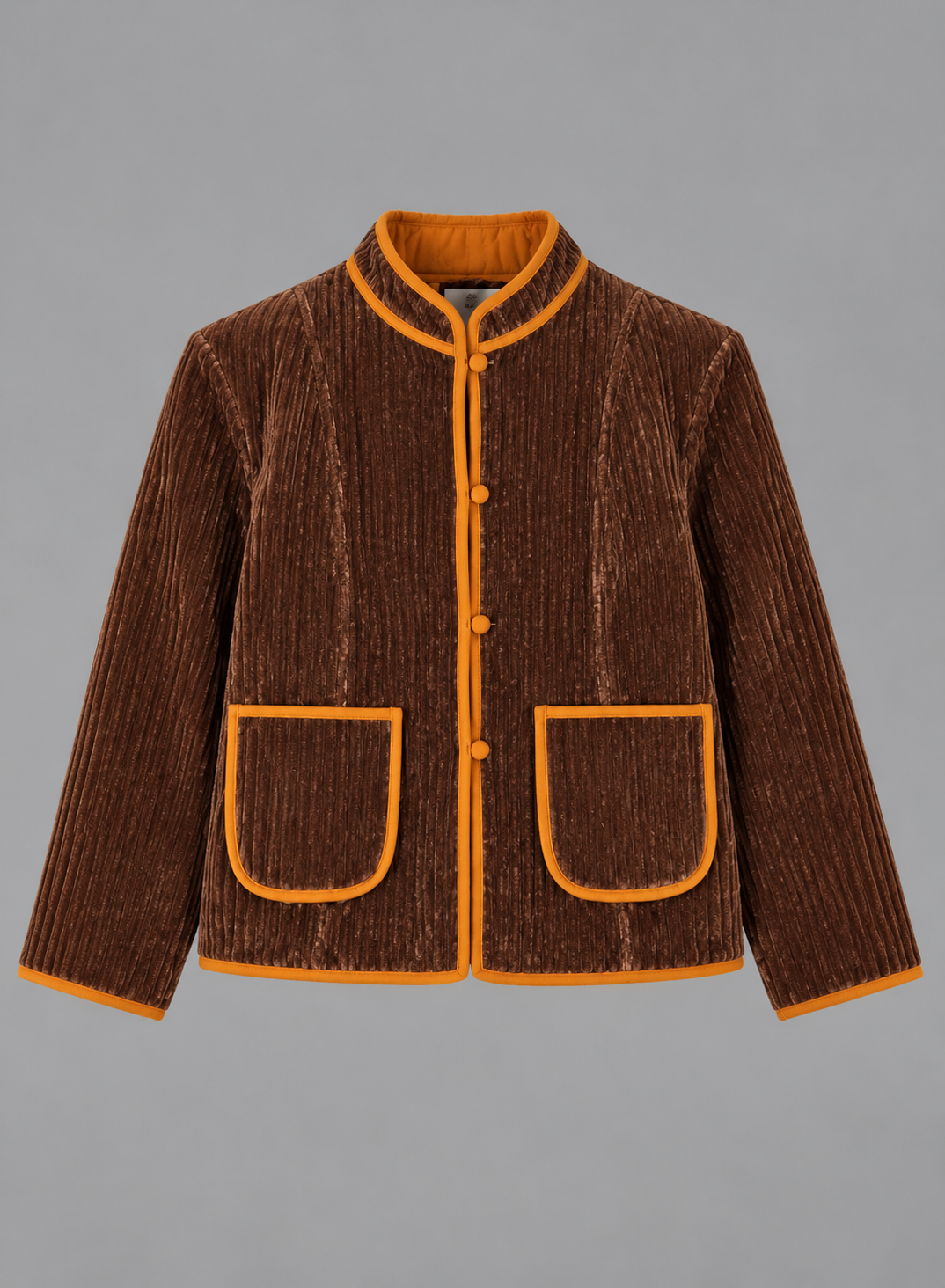 Cropped Collarless Corduroy Jacket With Contrast Trim