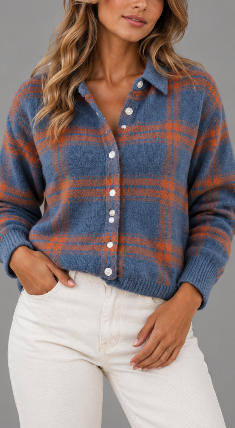 Relaxed Checked Knit Cardigan With Shirt Collar