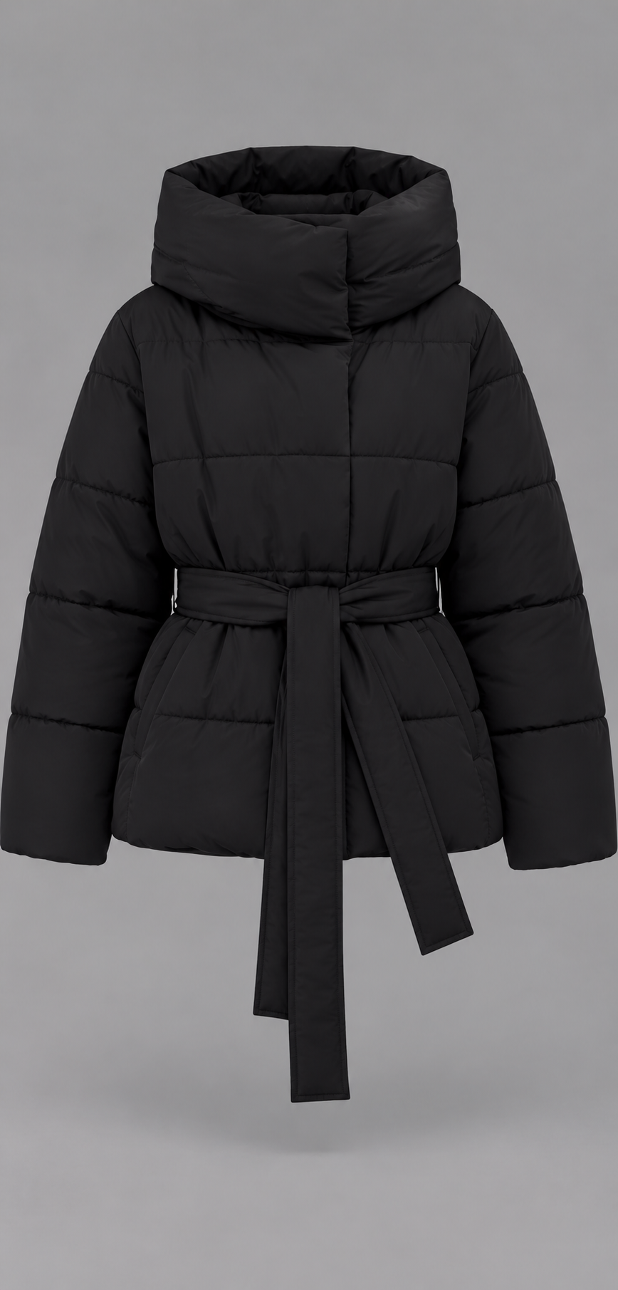 Belted Puffer Jacket With Oversized Funnel Neck