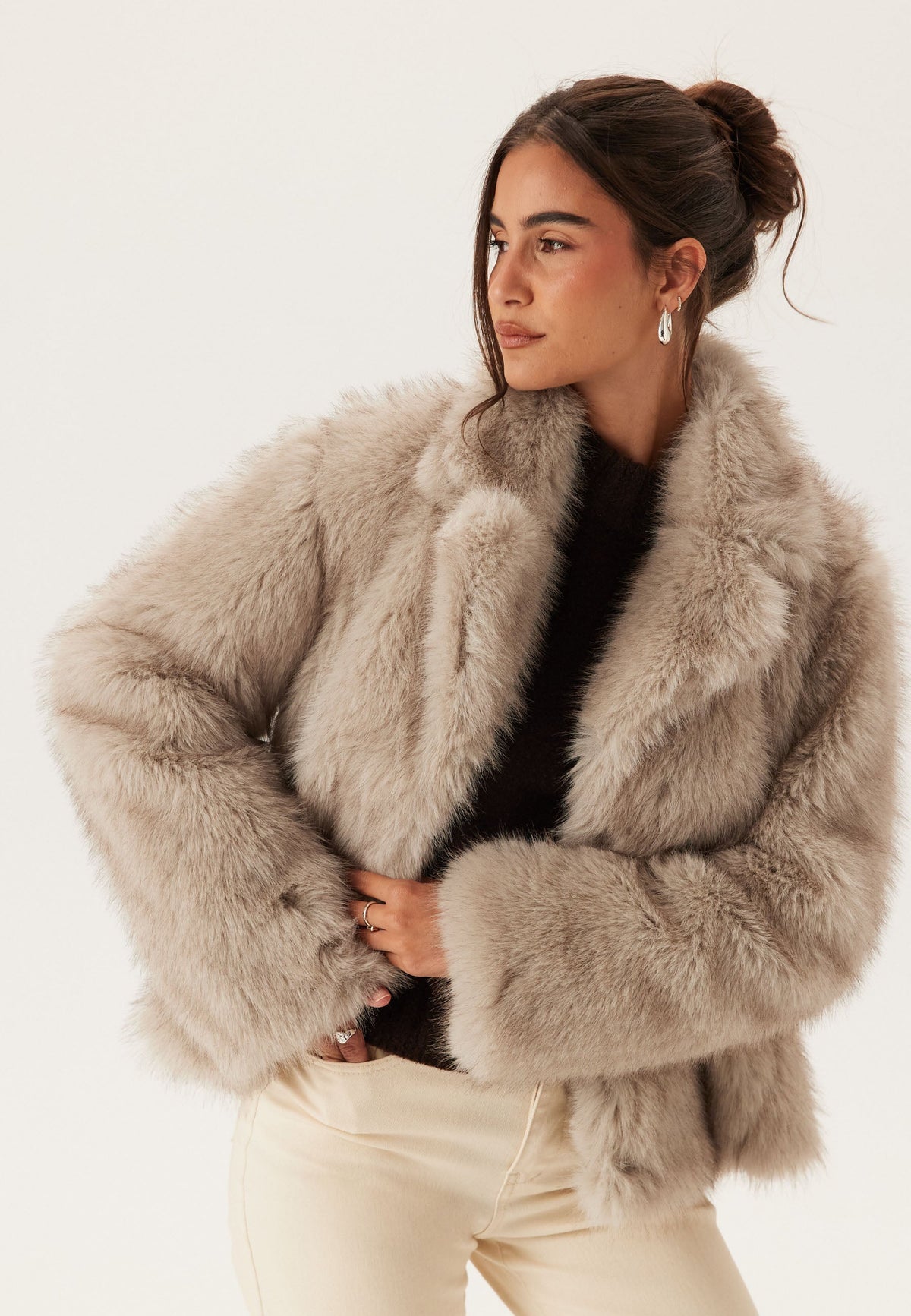 Cropped Faux Fur Jacket With Shawl Collar