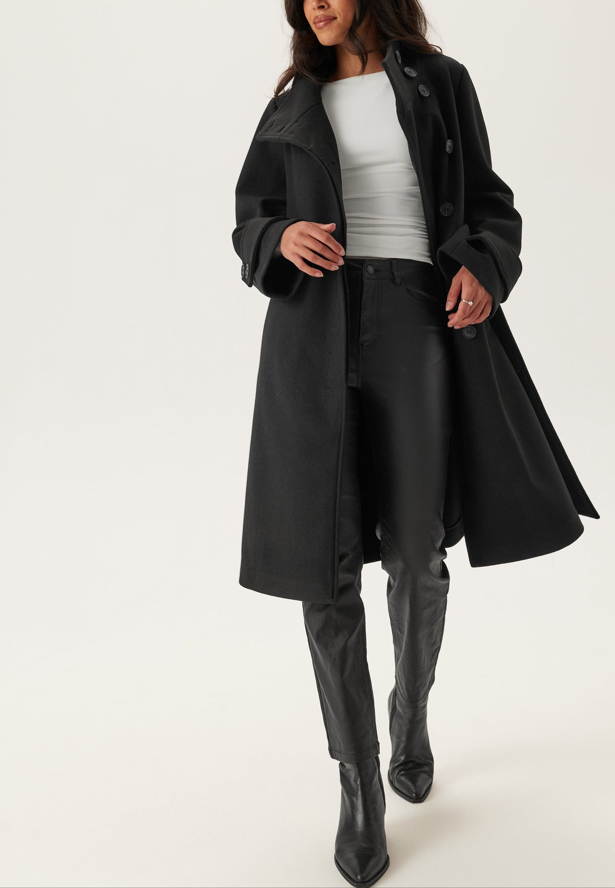Longline Belted Wool-Look Coat With Funnel Neck