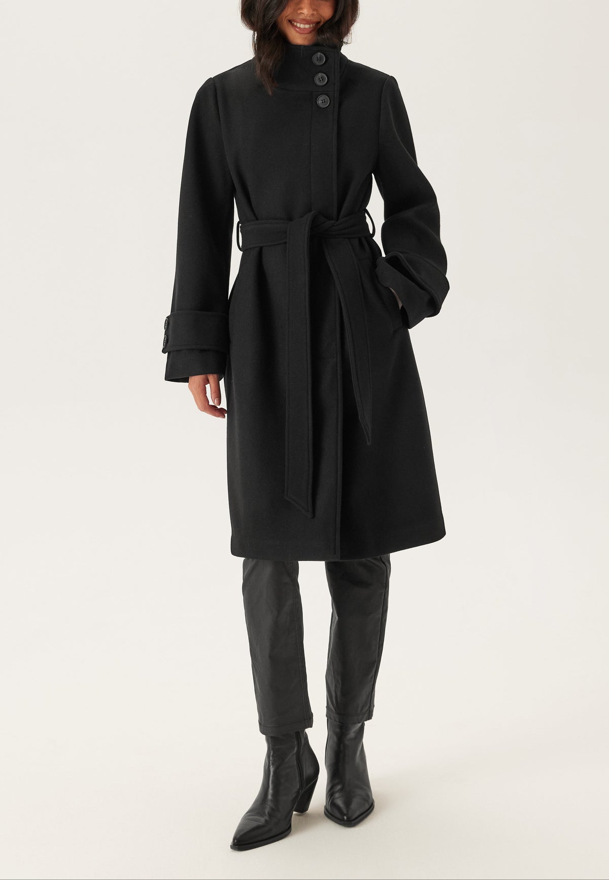 Longline Belted Wool-Look Coat With Funnel Neck