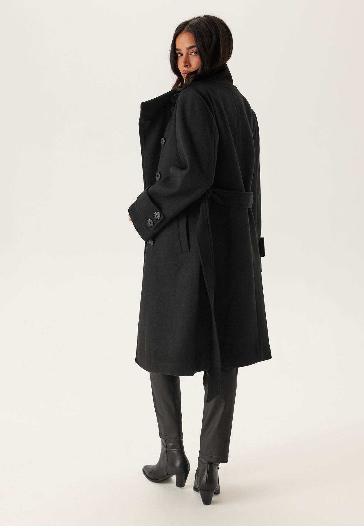 Longline Belted Wool-Look Coat With Funnel Neck