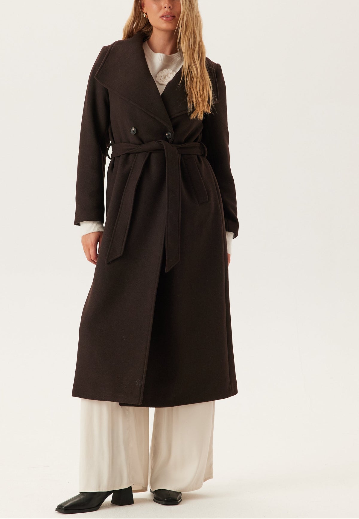 Longline Double-Breasted Wool-Look Coat With Belt