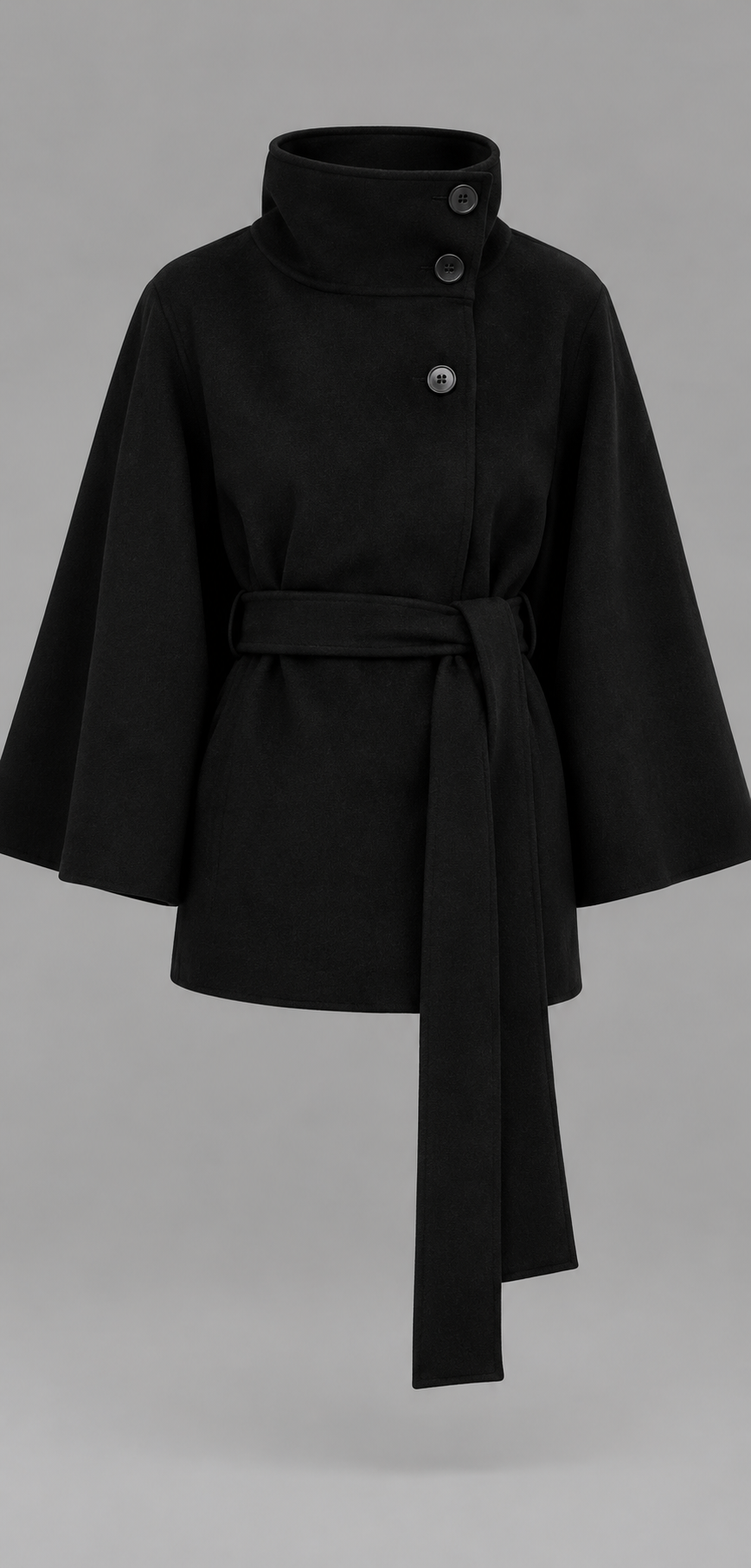 Belted Wool-Look Cape Coat With Funnel Neck