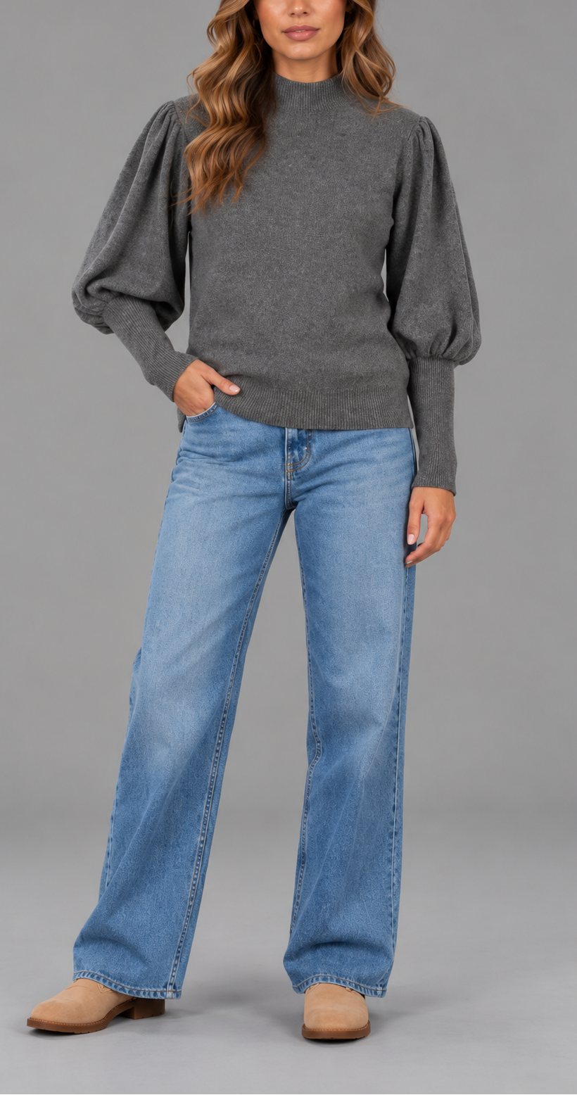 Mock Neck Knit Jumper With Balloon Sleeves