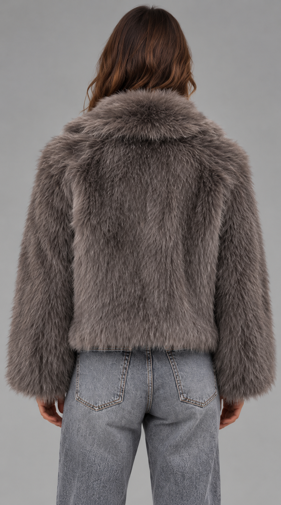 Cropped Faux Fur Jacket With Spread Collar