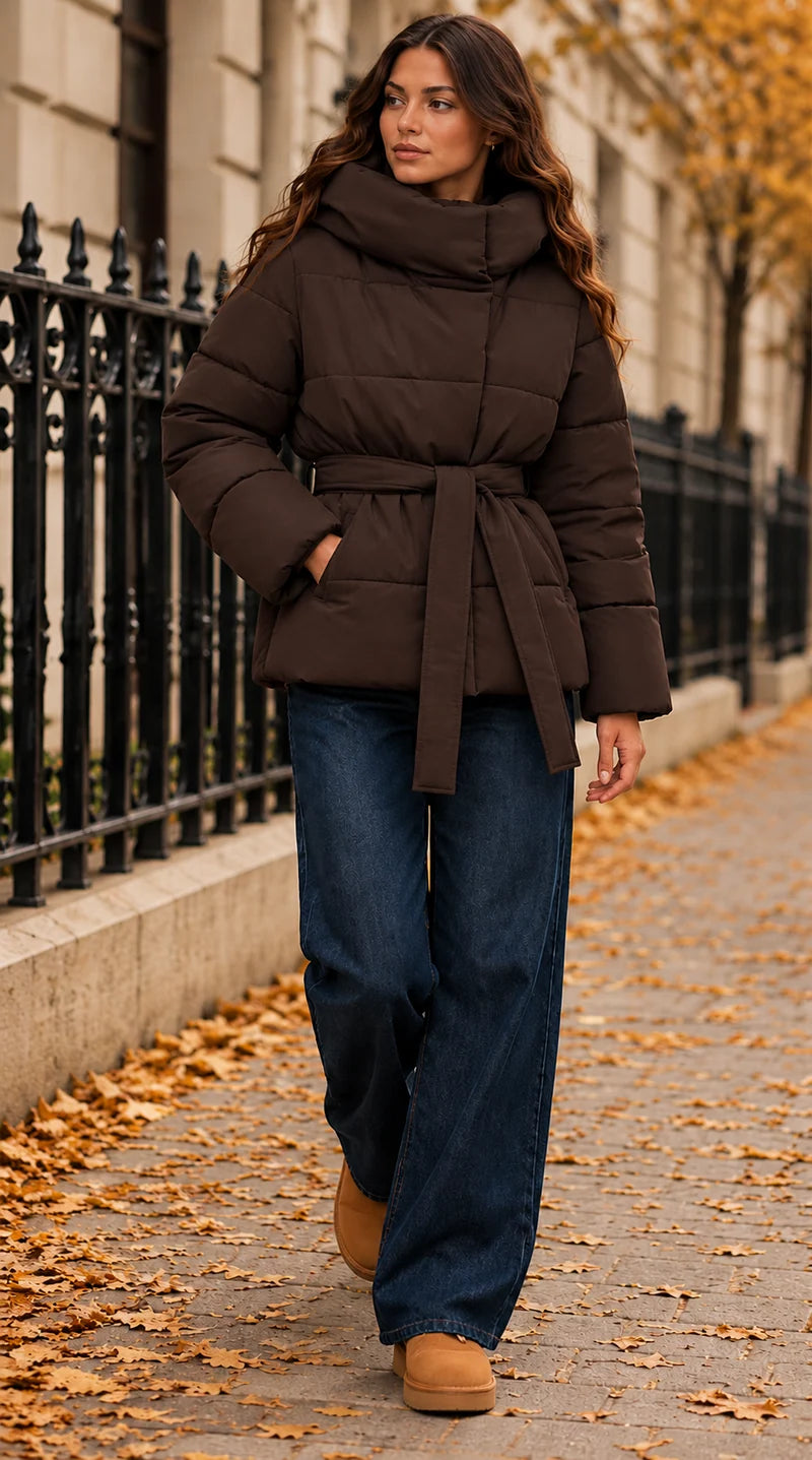 Belted Puffer Jacket With Oversized Funnel Neck