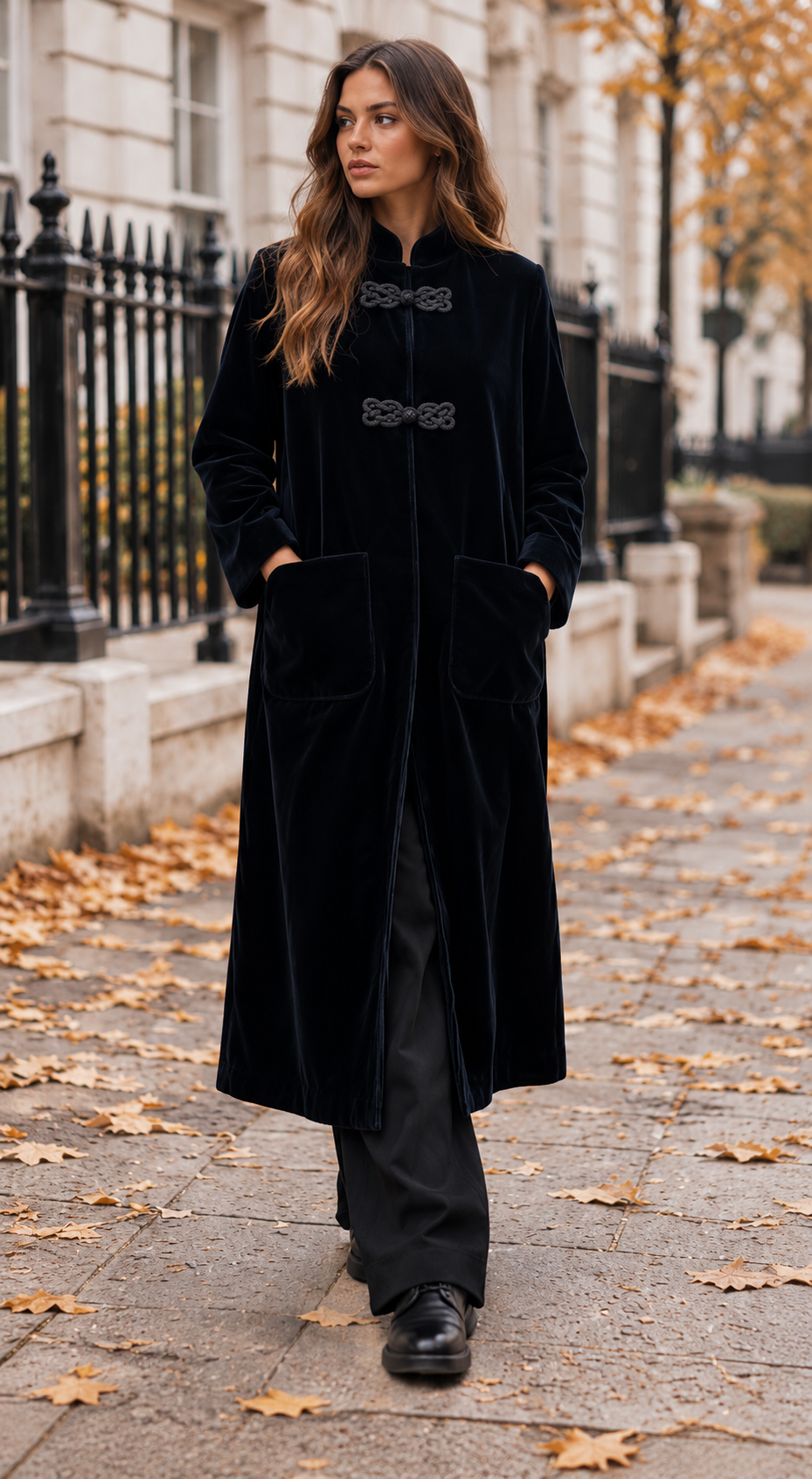 Longline Velvet Coat With Frog Fastening