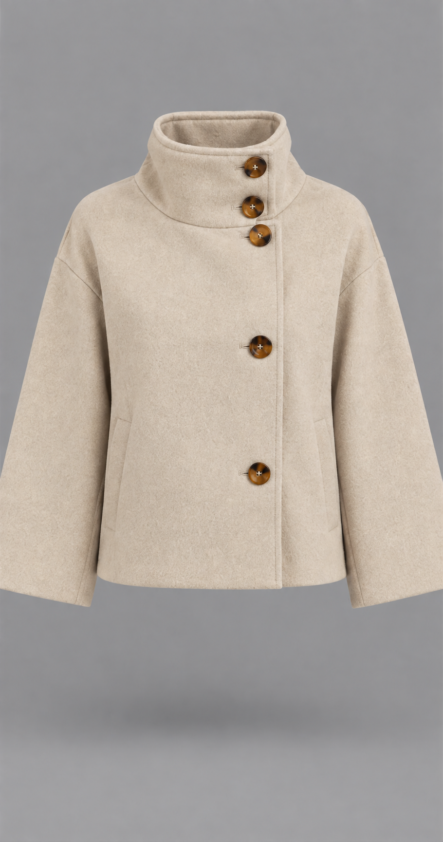 Funnel Neck Wool-Look Coat With Tortoiseshell Buttons