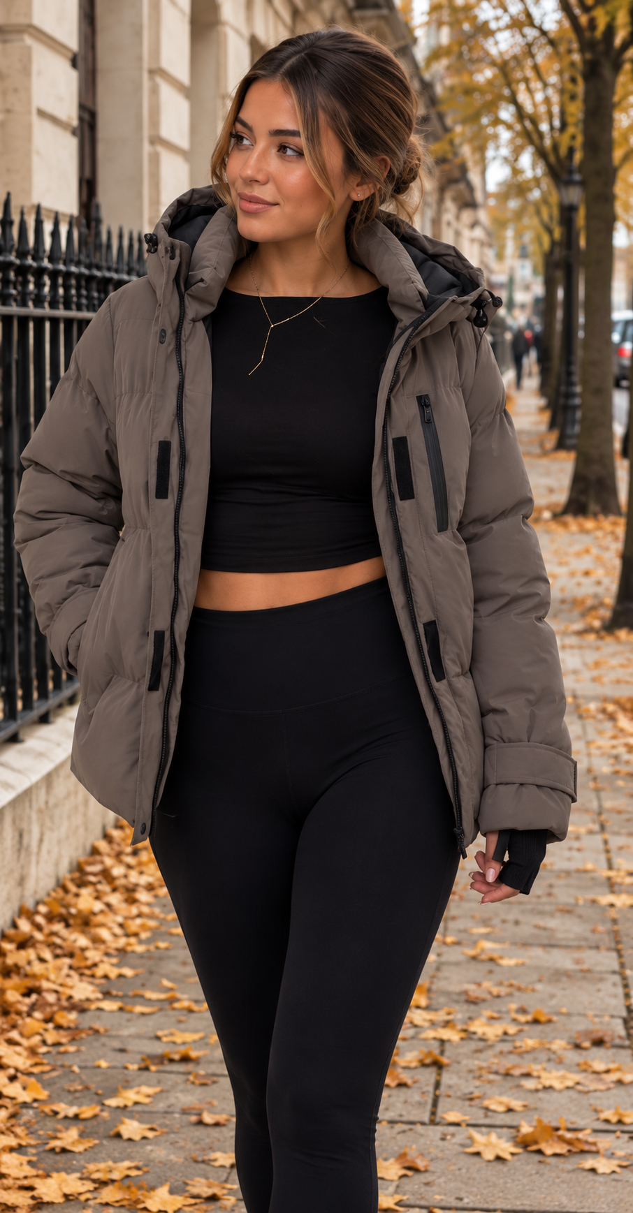 Taupe Utility Puffer Jacket With Detachable Hood