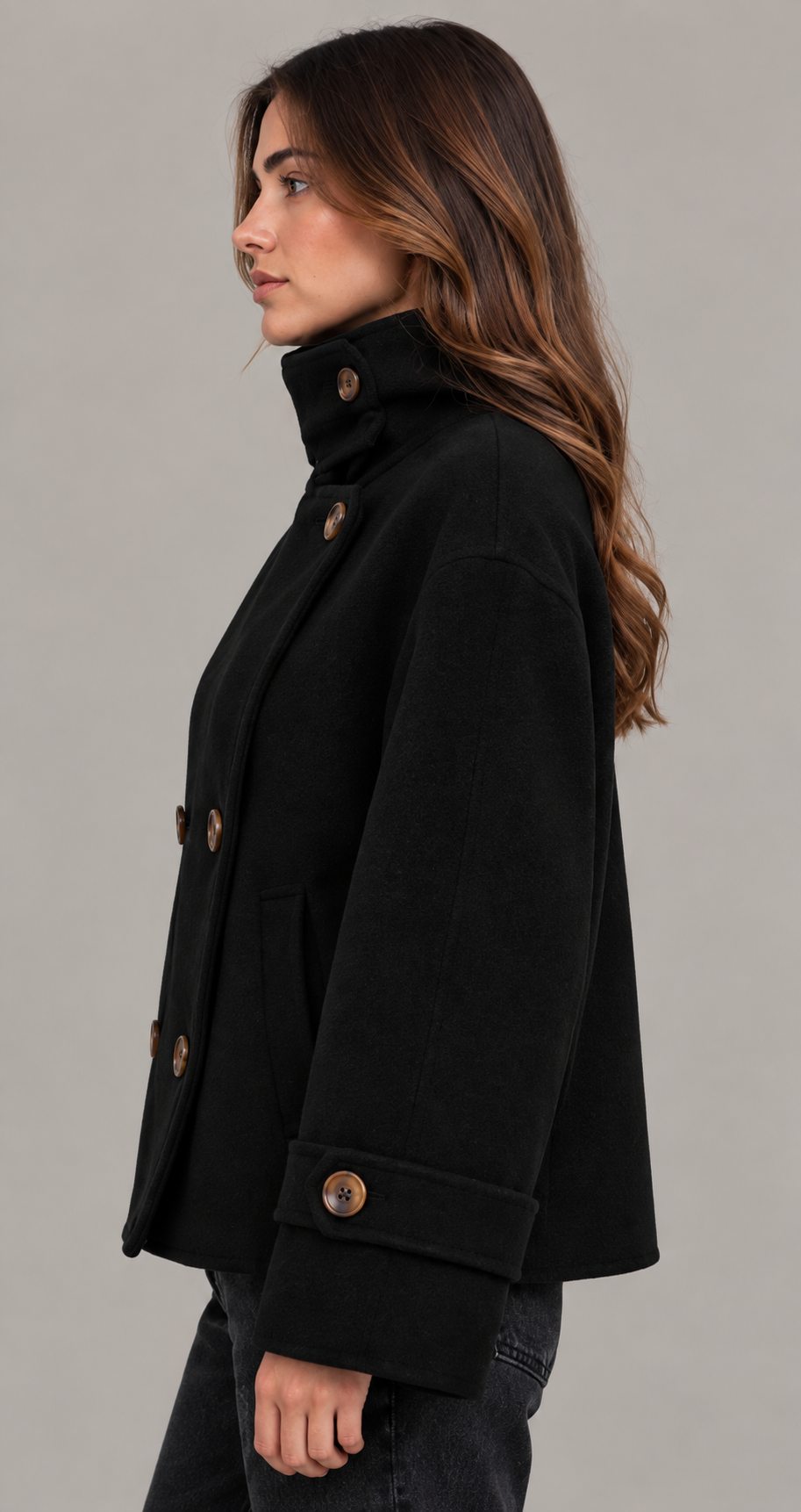 Boxy Double-Breasted Wool-Look Coat With Funnel Neck