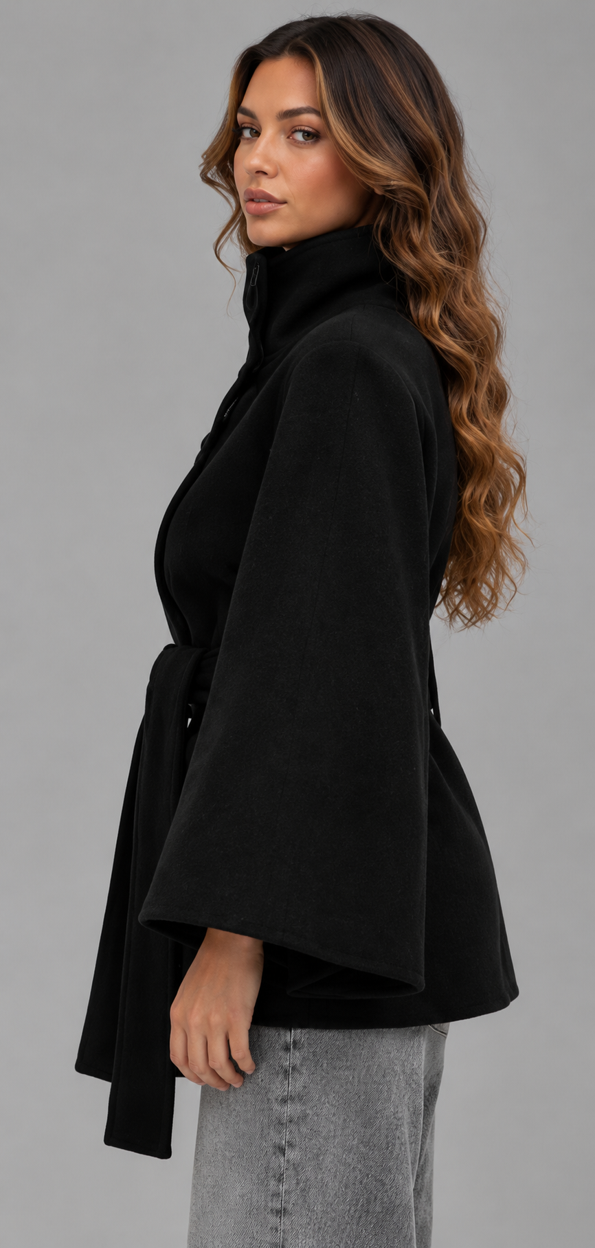 Belted Wool-Look Cape Coat With Funnel Neck