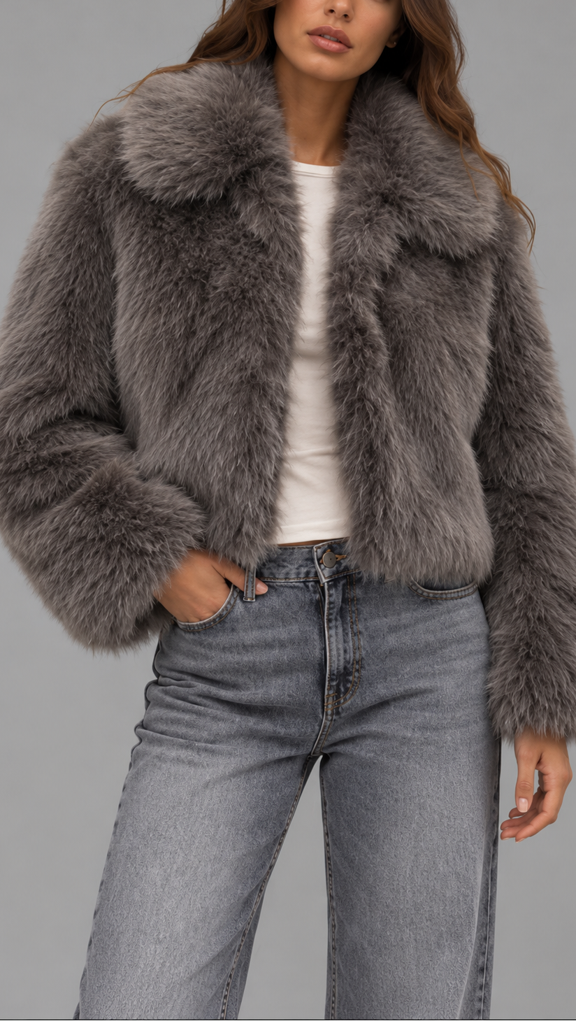 Cropped Faux Fur Jacket With Spread Collar