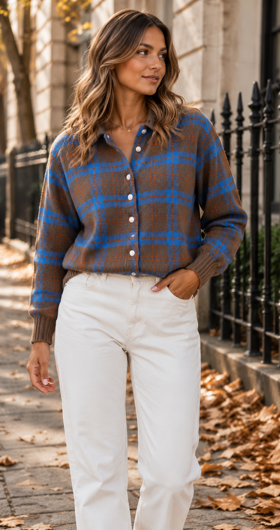 Relaxed Checked Knit Cardigan With Shirt Collar