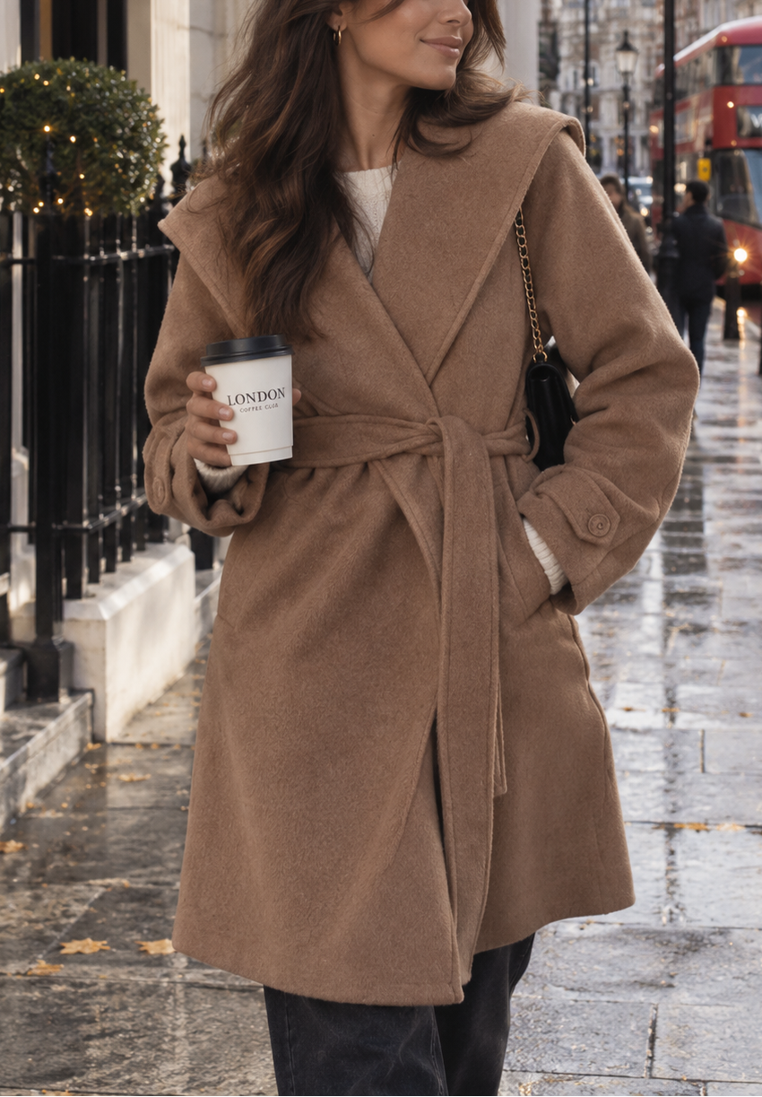Belted Wool-Look Wrap Coat With Oversized Hood