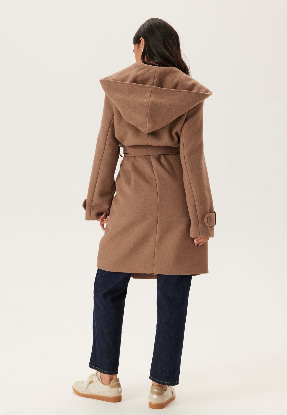 Belted Wool-Look Wrap Coat With Oversized Hood